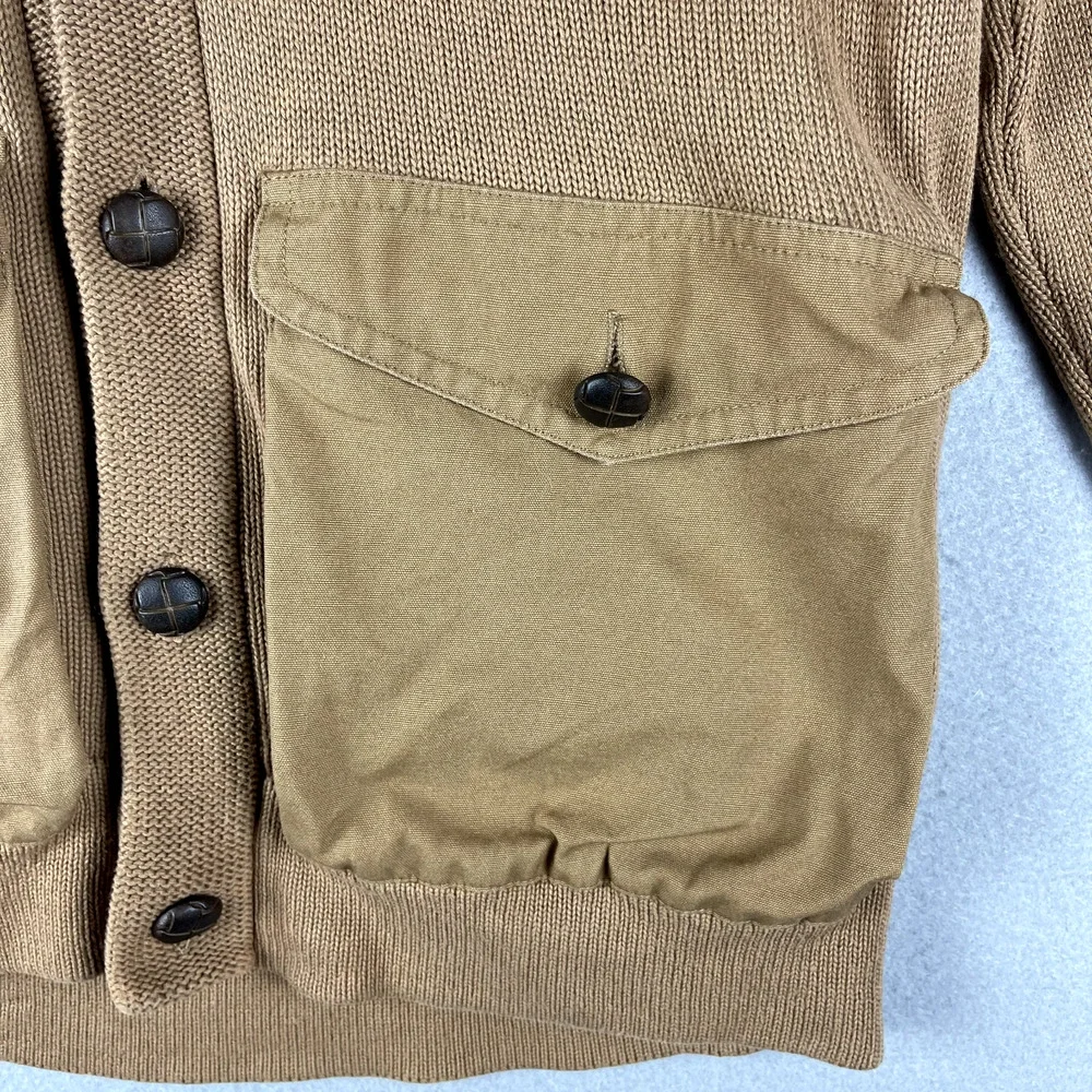 French Connection Safari Cardigan Sweater Mens Medium Tan Shawl Collar Cotton